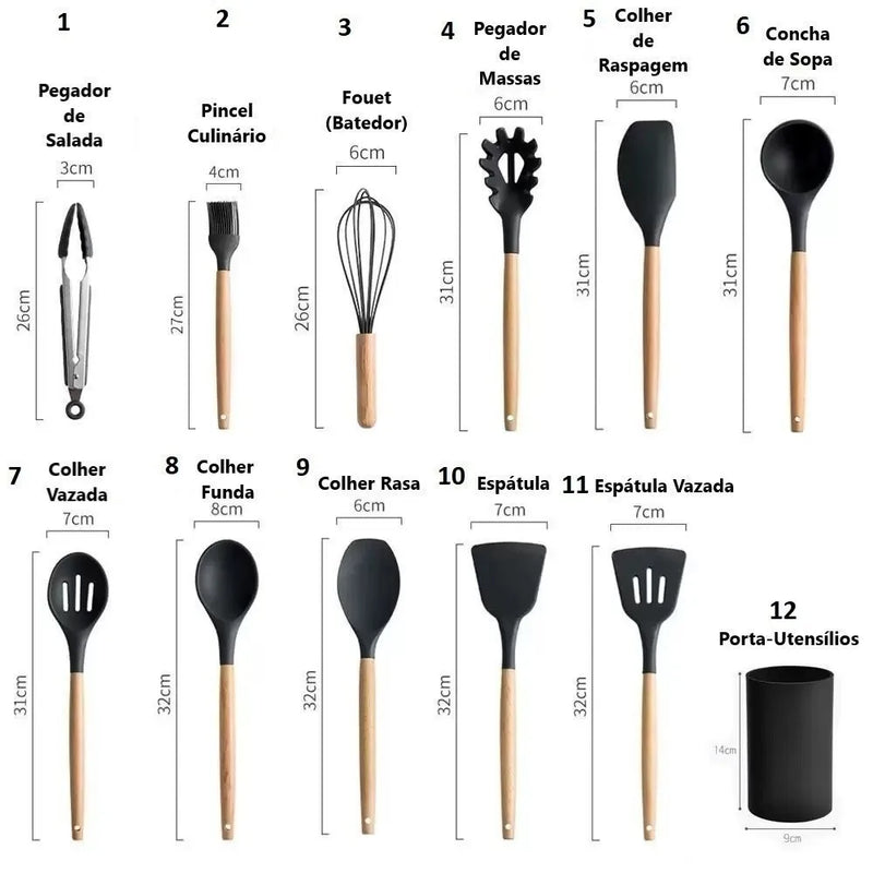 Kit de Utensílios de Silicone C/12 Peças com Suporte e Cabos de Madeira.