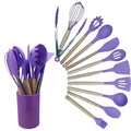 Kit de Utensílios de Silicone C/12 Peças com Suporte e Cabos de Madeira.