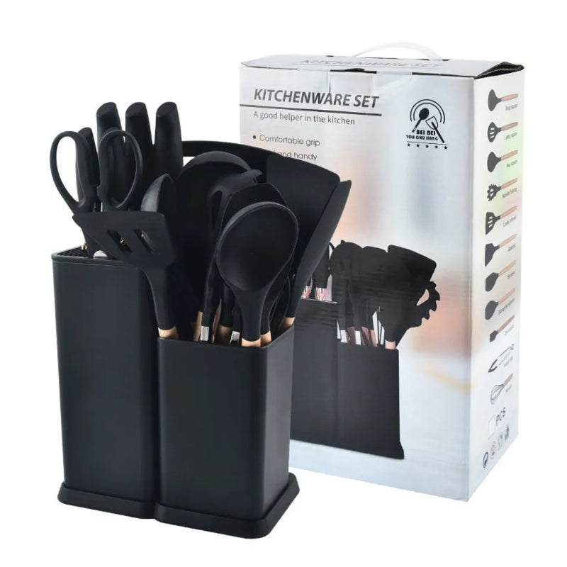 Kit de Utensílios de Silicone C/12 Peças com Suporte e Cabos de Madeira.