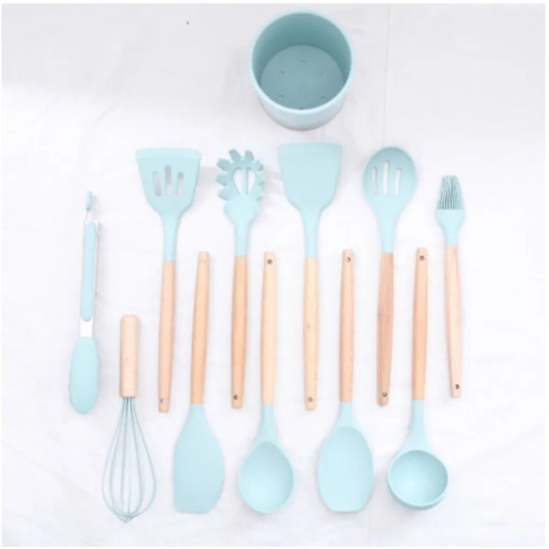 Kit de Utensílios de Silicone C/12 Peças com Suporte e Cabos de Madeira.