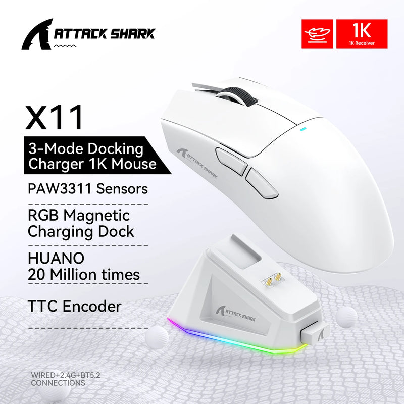 Mouse Gamer Attack Shark X11 Wireless - Conexão Tri-Mode 2.4GHz/Cabo/Bluetooth, Sensor PAW3311, 22000 DPI, 400 IPS, RGB