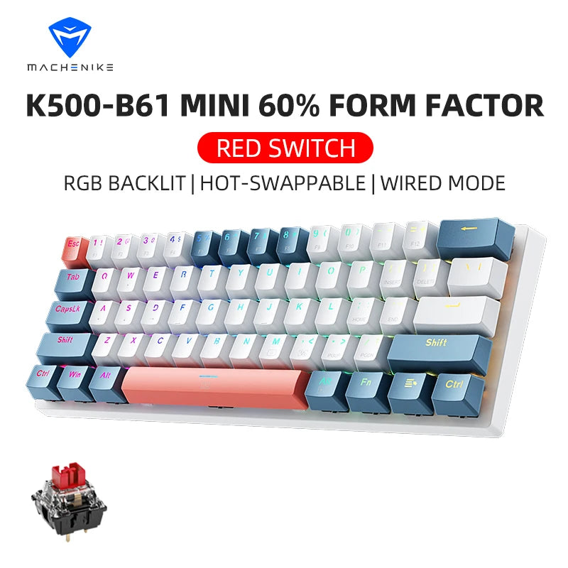 Machenike K500-B61 Mini Teclado Mecânico 60% com 61 Teclas, Teclado de Jogo com Fio, Retroiluminação RGB e Teclas Hot-Swappable