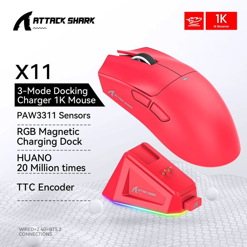 Mouse Gamer Attack Shark X11 Wireless - Conexão Tri-Mode 2.4GHz/Cabo/Bluetooth, Sensor PAW3311, 22000 DPI, 400 IPS, RGB