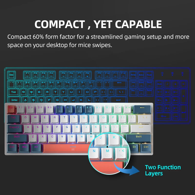 Machenike K500-B61 Mini Teclado Mecânico 60% com 61 Teclas, Teclado de Jogo com Fio, Retroiluminação RGB e Teclas Hot-Swappable