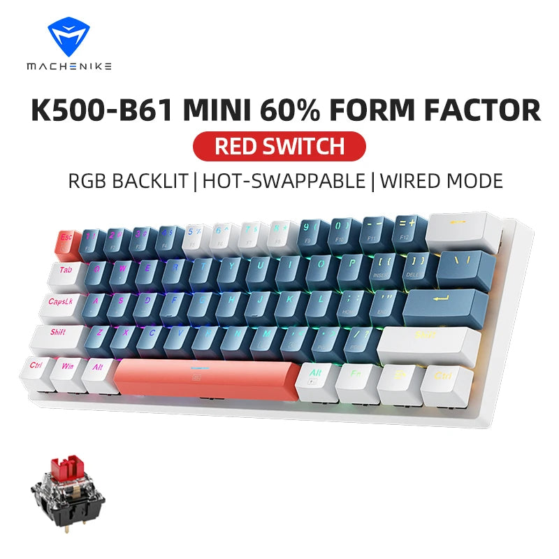 Machenike K500-B61 Mini Teclado Mecânico 60% com 61 Teclas, Teclado de Jogo com Fio, Retroiluminação RGB e Teclas Hot-Swappable