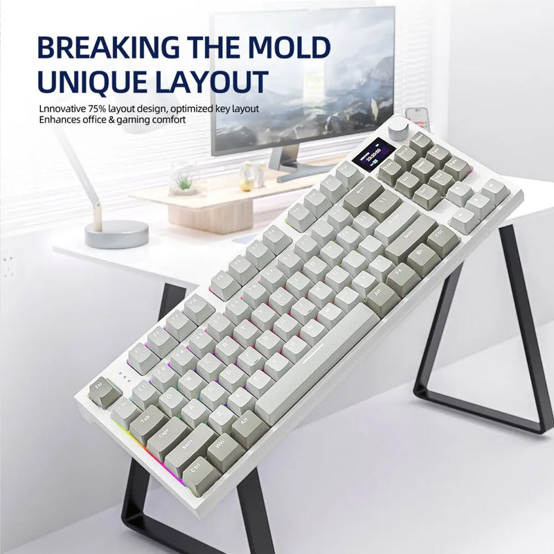 Teclado Mecânico K86 Sem Fio Hot-Swappable com Tela, Conexão Bluetooth/2.4G e Botão Giratório de Volume para Jogos e Trabalho